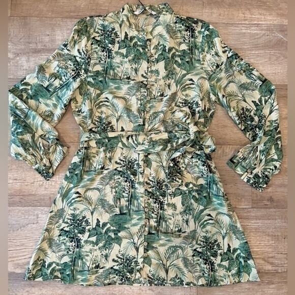 🌿 ZARA Green Printed Shirt Dress NWT | Belted Long Sleeve Collared M - Picture 14 of 16